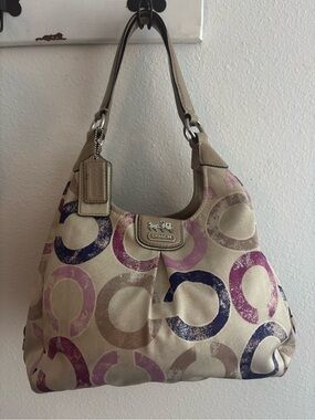Coach Hobo Bag in Beige with Purple and Navy Circle Print
